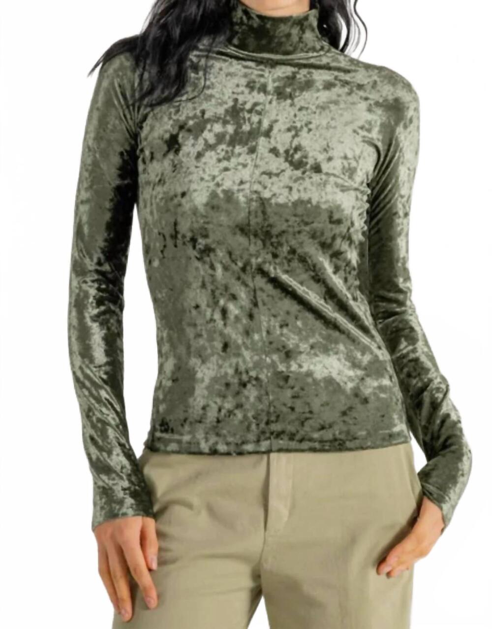 NEW FORTE FORTE iridescent stretch velvet turtleneck top in sage green